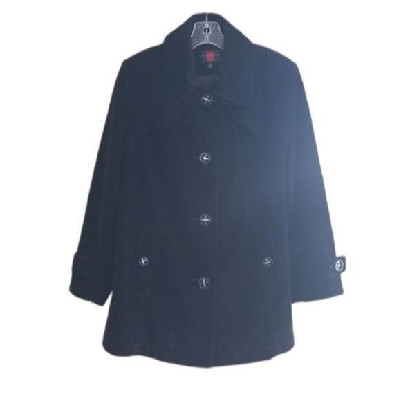 Gallery Black‎ Women's black pea coat jacket Long sleeve button up Medium - Picture 1 of 7